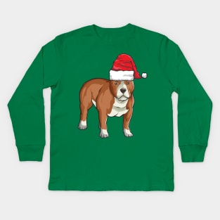 Santa Hat-Wearing Pitbull Puppy Funny Christmas Holiday Kids Long Sleeve T-Shirt